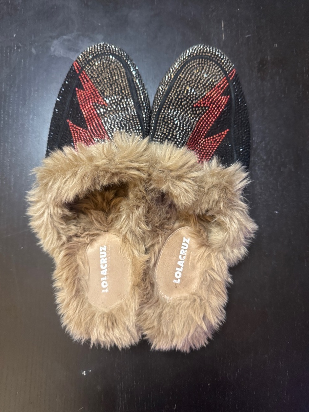 Black & Brown Fur-Trimmed Beaded Mules